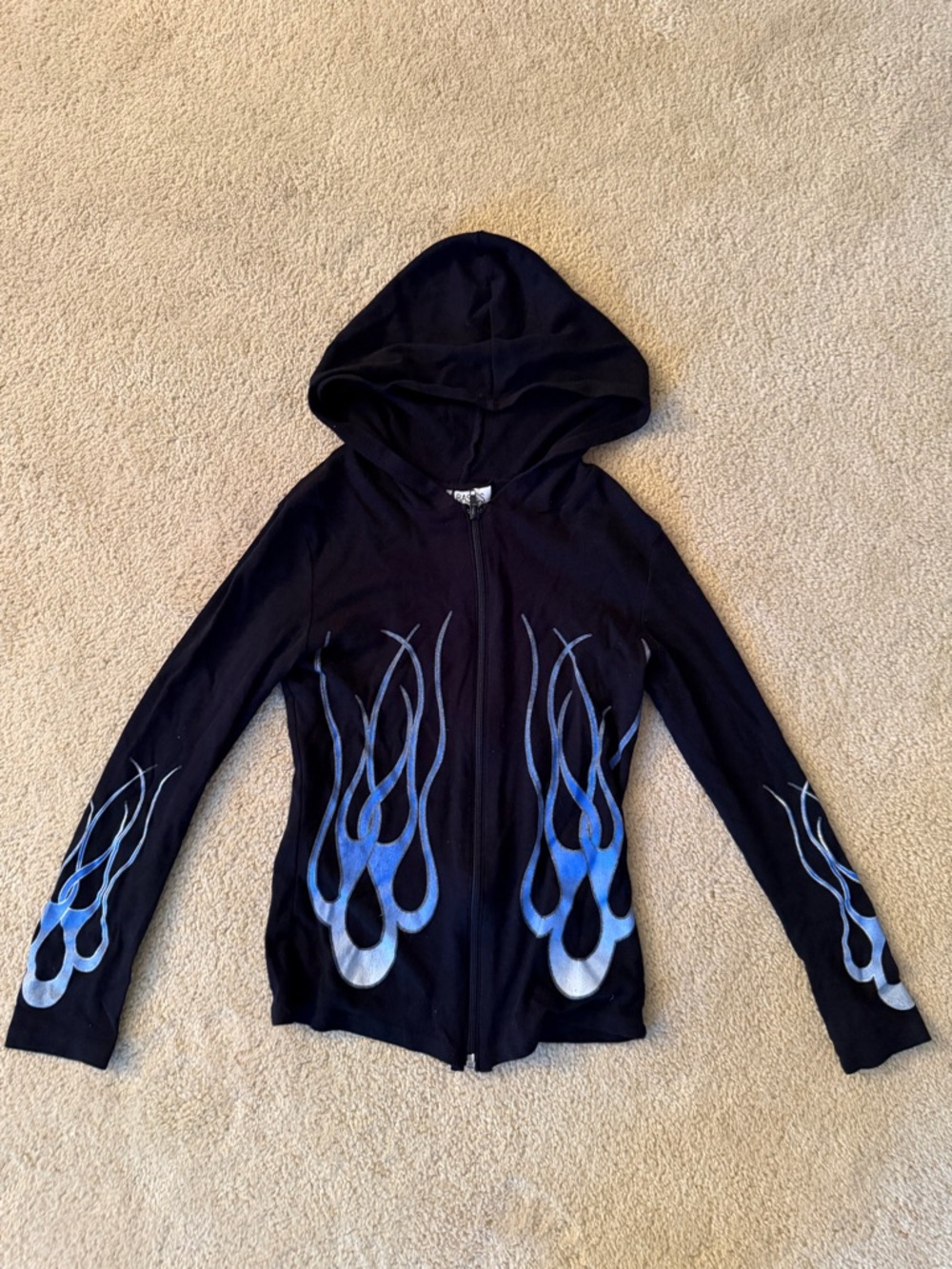 Black Hooded Long Sleeve Tee with Blue Flame Print